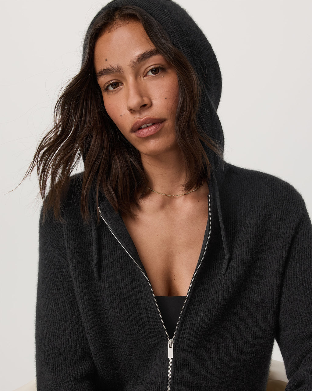 Émilie Full Zip Cashmere Rib Hoodie | Black