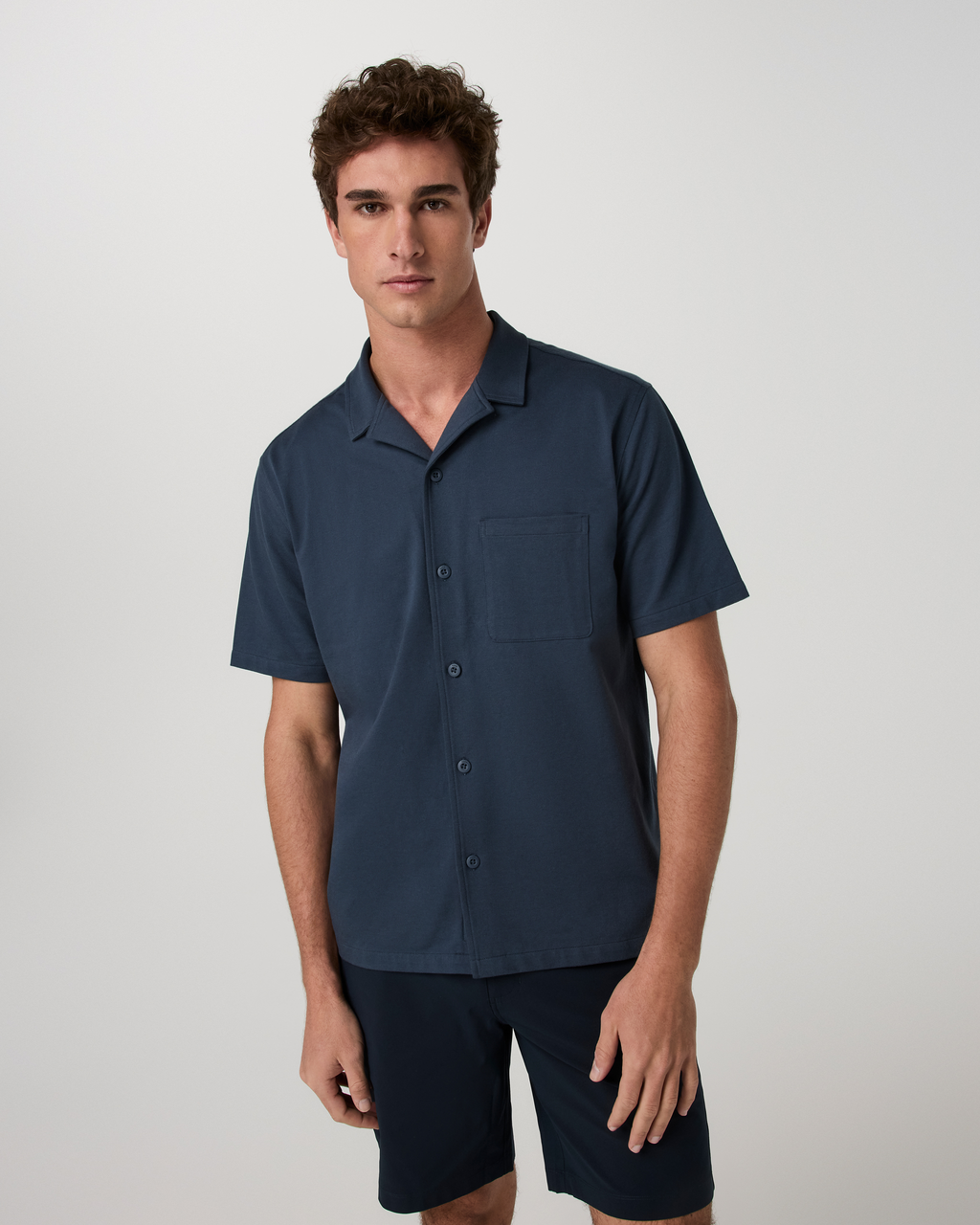 Short Sleeve Knit Oxford Camp Collar Button Down | Ocean Blue