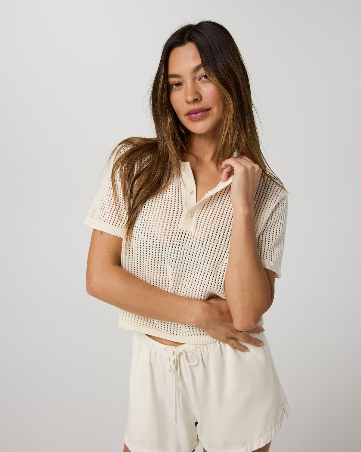 Short Sleeve Knitted Mesh Polo | Natural